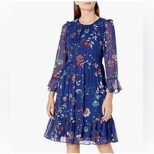 NWT! CALVIN KLEIN Blue, Red, White, and Black Ruffle Hem Floral Dress - Size 14